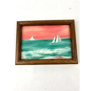 Vintage Folk Art Style Painting Sailboats Ocean Waves Signed Framed 1970s